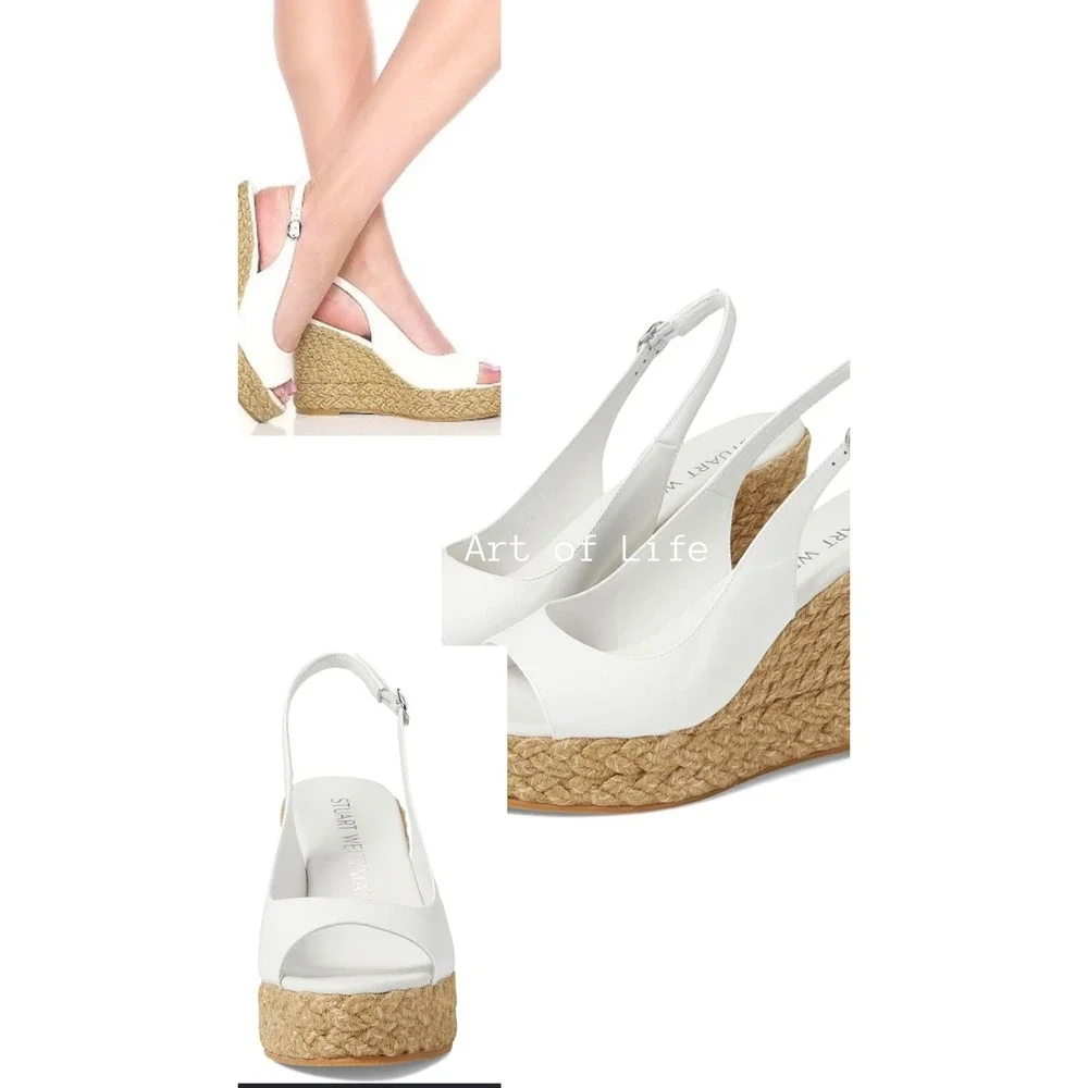 Stuart Weitzman White Patent Leather Espadrille Wedge Slingback Peep Toe 9.5 - Picture 1 of 12